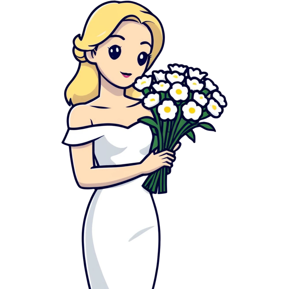 blonde woman in a white off-shoulder dress with a bouquet of white flowers in a white bag in her right hand emoji