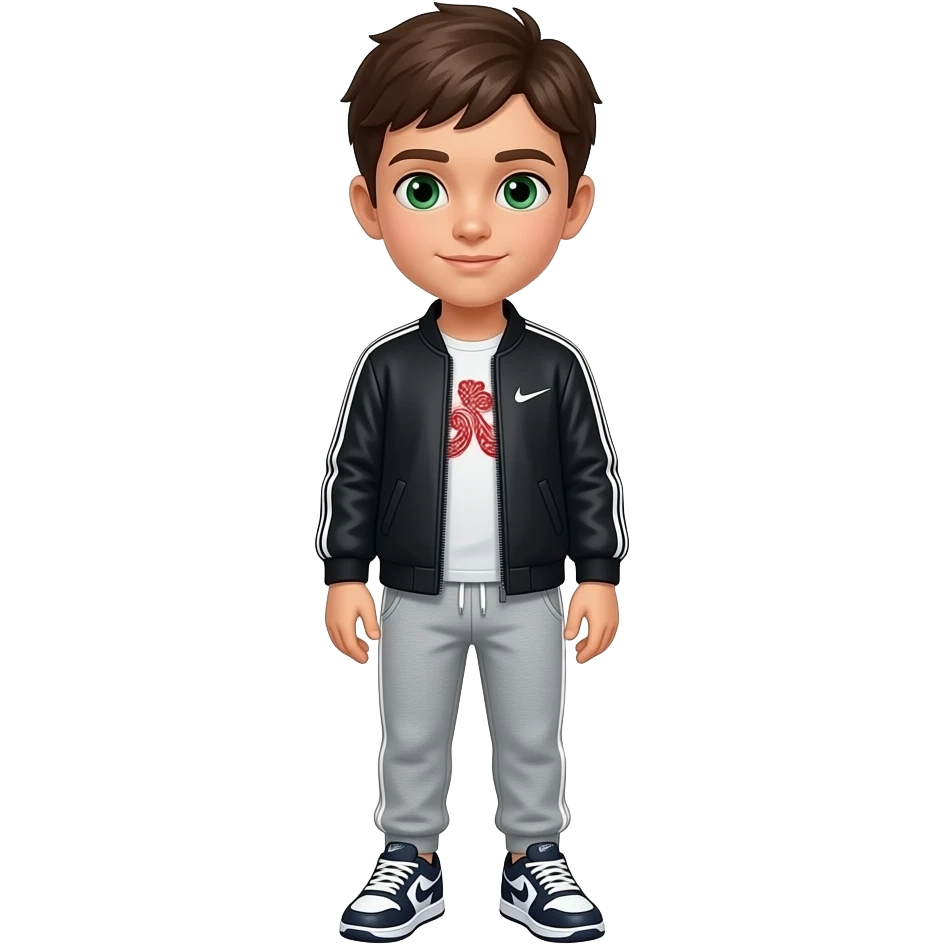 un niño que su pelo és marron i sus ojos verdes. Que vaya con una chaqueta kenzo de color negro i que vaya con pantalones de chandal i que tenga unos zapatos nike i que los pantalones sean grises emoji