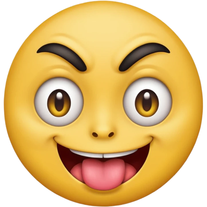A yellow round face emoji smirking with its tounge out but the eyes are evil and kind of crazy and only one of the eyebrows is raised and the other eyebrow is lower and normal emoji