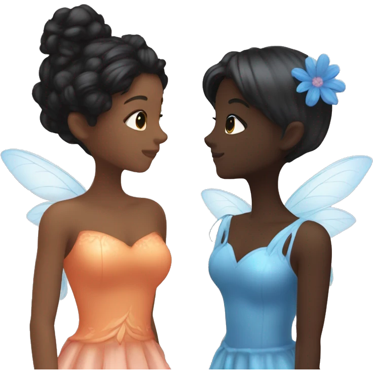 two fairies kissing, one is white and has a pink dress made from a flower and er hair is orange, and other is dark brown with black hair and a blue dress made of flower emoji