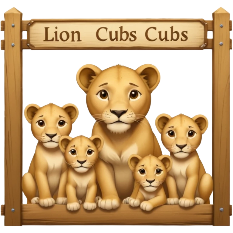 Un letrero del zoológico que dice “LION CUBS — BORN LAST WEEK” y delante una leona con sus cachorros recién nacidos, con la gente mirando emocionada desde la reja.






 emoji