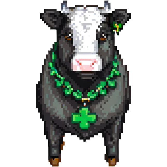 pixel art 4-H black show steer with a green 4-H clover badge emoji