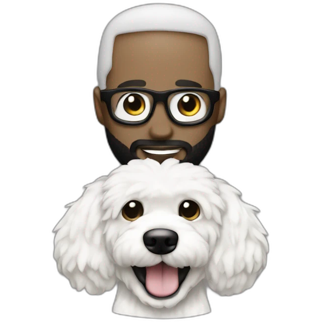 rapper-with hoop-white skin-black hair-beard-bichon dog-white-smile emoji