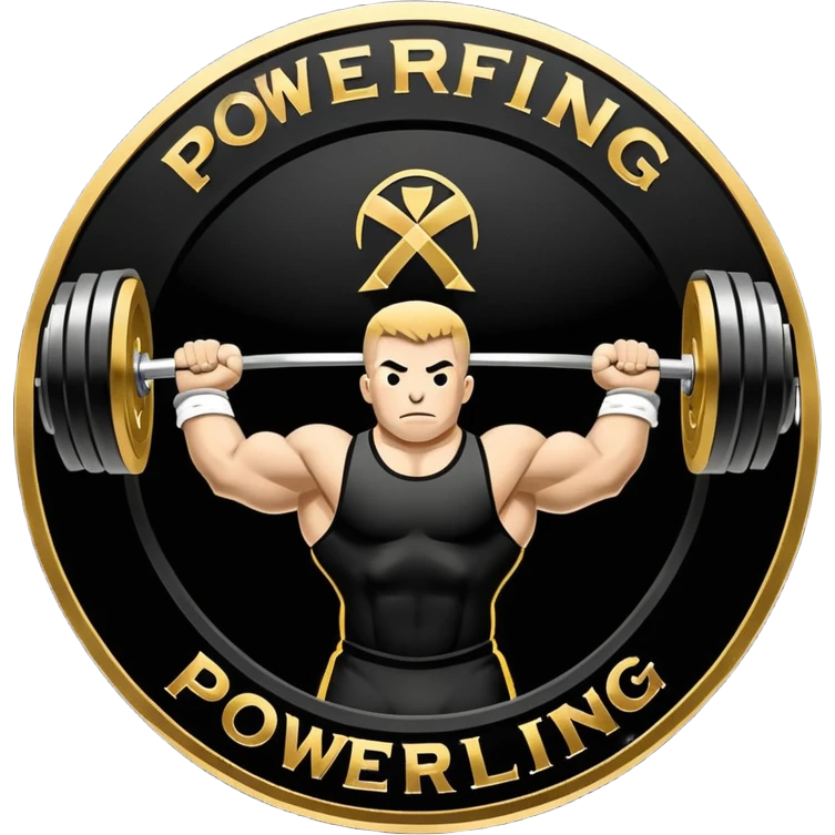 An emblem symbolizing powerlifting, featuring a bold barbell at the center, with strong, muscular arms lifting the barbell. The design is dynamic and powerful, using sharp lines and bold text. The background is minimal, ensuring the focus stays on the emblem. emoji