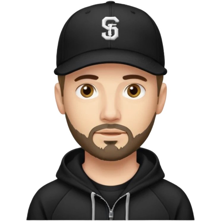 Hombre de ojos claros, con barba fina y perilla, gorra negra de baseball bordada con un 08, y sudadera negra emoji