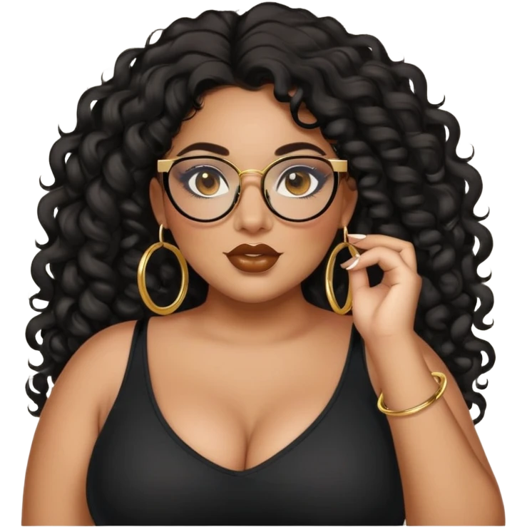 big plus size, latina, darker tan skin, gold hoops, long black curly hair, baddie,pretty, makeup, lipgloss, black eyeliner, long hair, black top, black glasses emoji