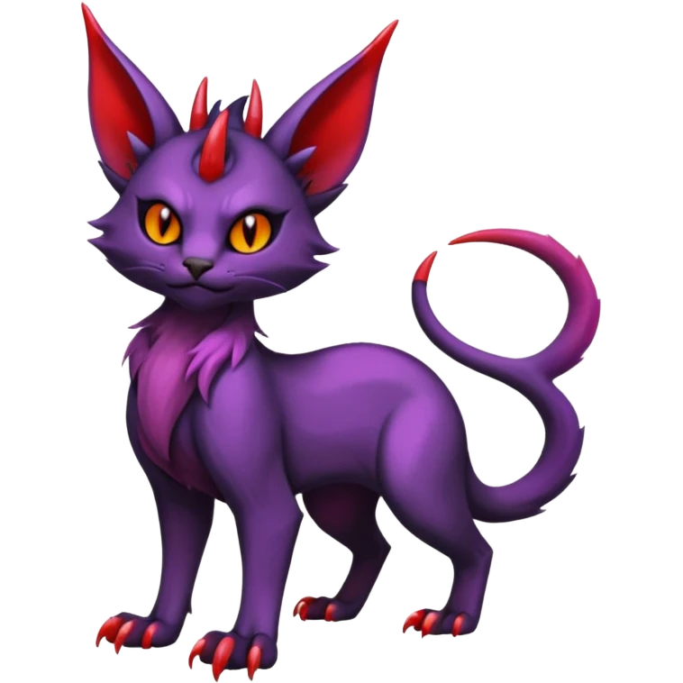 Black horned vampiric edgy demon-Noivern-Noibat-Purloin-Torracat-Lykoi-Caracal-cat-Fakemon-fusion-hybrid-creature with violet and red scale markings with 2 horns emoji