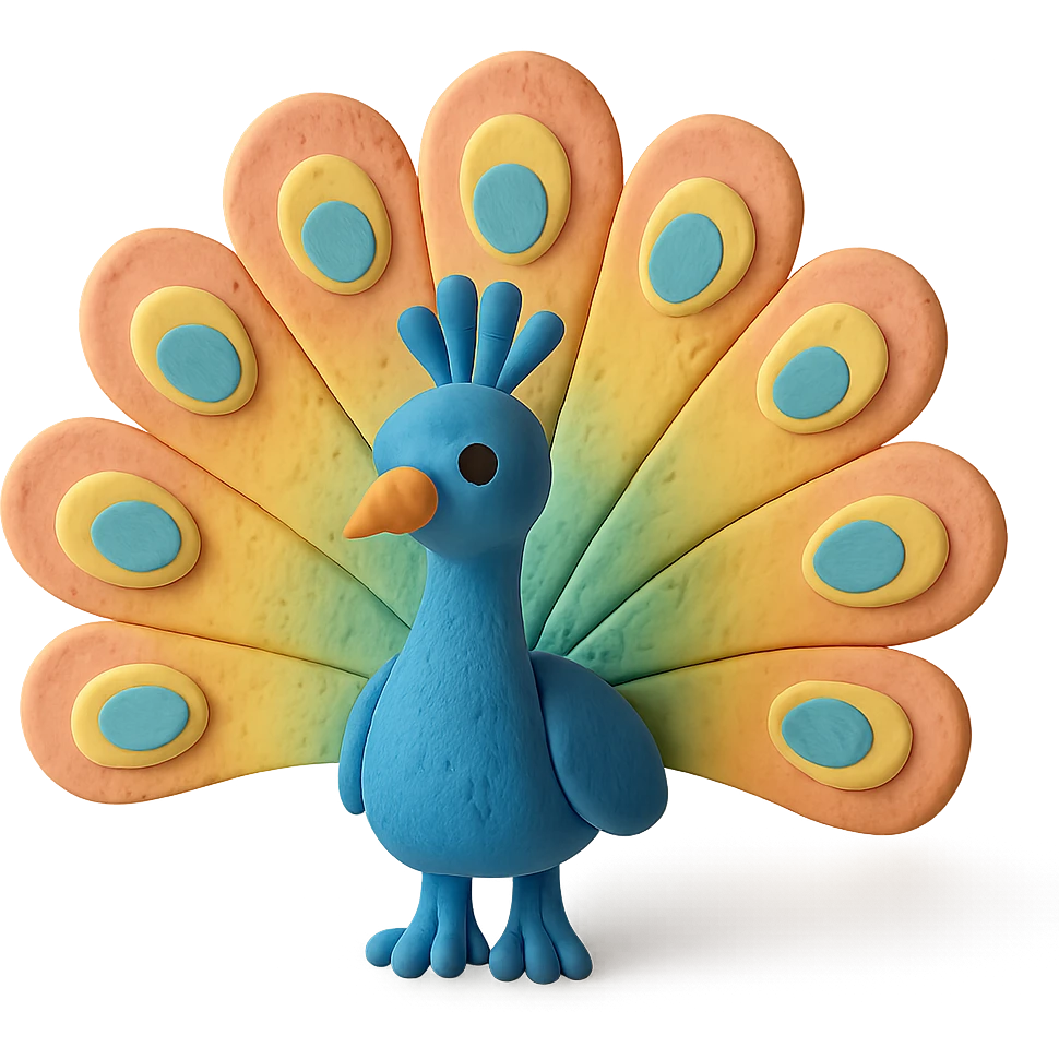 peacock with fanned colorful feathers, visible fingerprints, pastel colors, claymation style emoji
