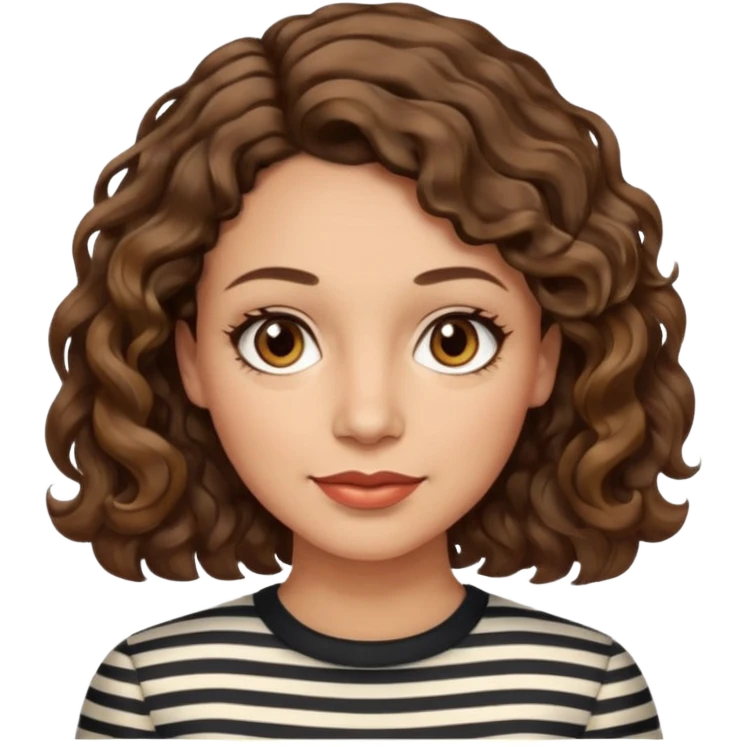 woman, 40s, chin-length wavy/curly/unruly brown-ish, few white stripes hair, hazel eyes, light skin emoji