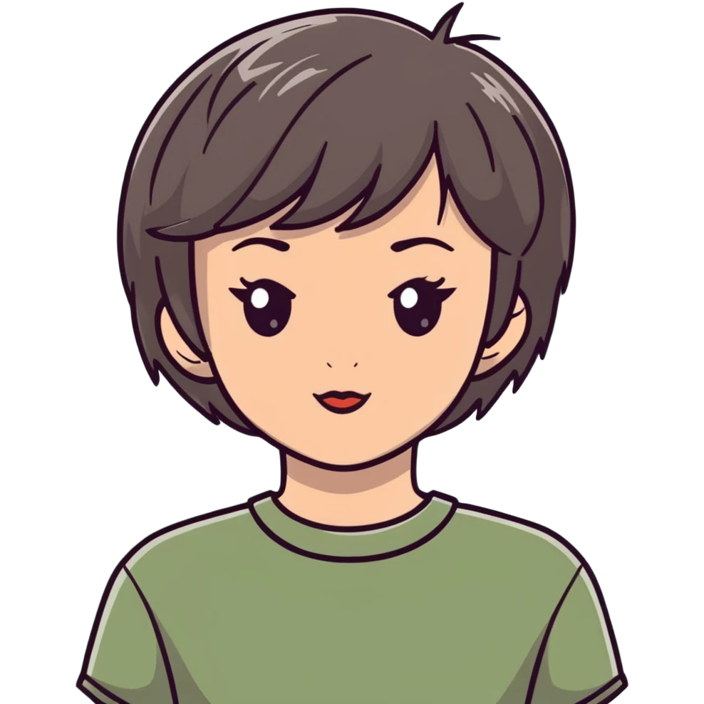 White girl with short wolfcut hairstyle, brown eyes, straight hair, wearing a sage green top emoji