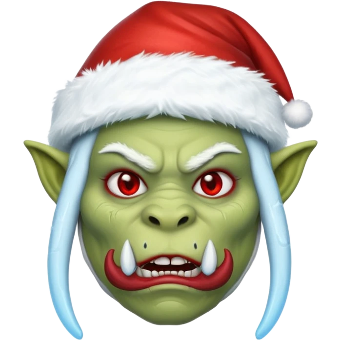 Fantasy orc emoji portrait, Santa Claus hat stretched around tusks, tusks covered with ice and crimson frost cracks, cold predator expression, winter hunt atmosphere, minimal clean emoji design, female variant
 emoji