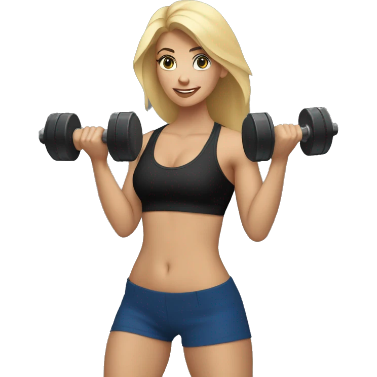 blonde woman working out with a blue shorts and black tank top and she is holding a dumbell emoji
