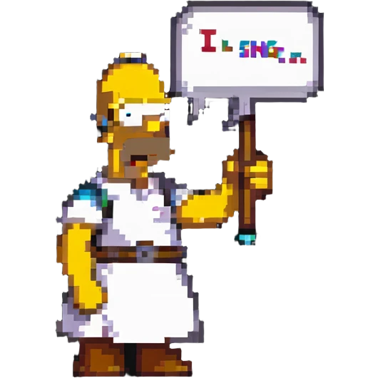 Homer, the ancient Greek poet, pixel art style, with a speech bubble that says 'I sing of heroes' emoji