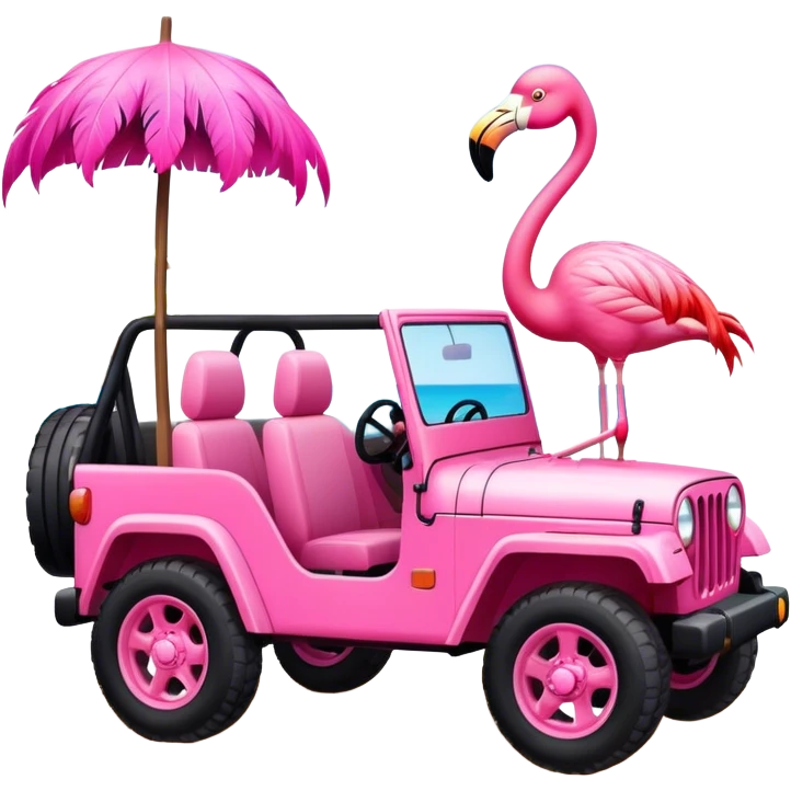 Flamingo driving jeep on beach emoji