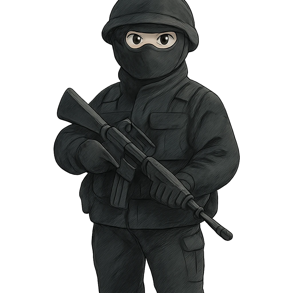 ghibli style armed figure in all-black military clothing, shiesty mask, and helmet emoji