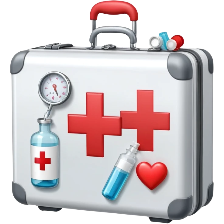 An icon featuring a medical suitcase with a red cross, a bottle of pills, a stethoscope, and a syringe, symbolizing medicine. The design includes a thermometer, bandages, and a heart monitor, representing healthcare and medical treatment. Transparent background highlights the science of healing. emoji