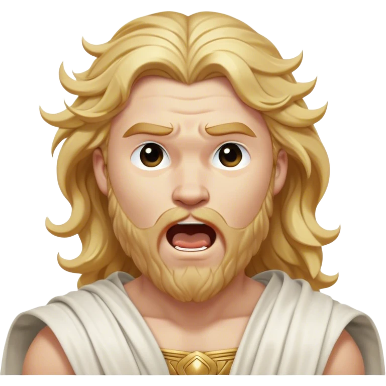 Cinematic Realistic Thor Portrait, head tilted slightly with a dramatic, wide-open yawn, revealing a moment of unguarded human vulnerability amidst his divine stature. His fair, luminous skin and elegantly styled, wavy golden hair maintain their sculptural perfection even in repose. Dressed in a flowing white toga with understated golden accents, the portrait is bathed in soft natural light, capturing a rare glimpse of relaxed, timeless strength from a Greek god reborn. emoji