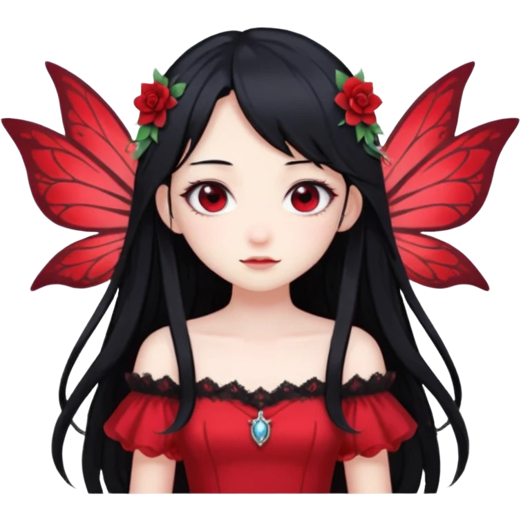 Gothic anime fairy with long beautiful black hair and red dress, pastelcore, emoji