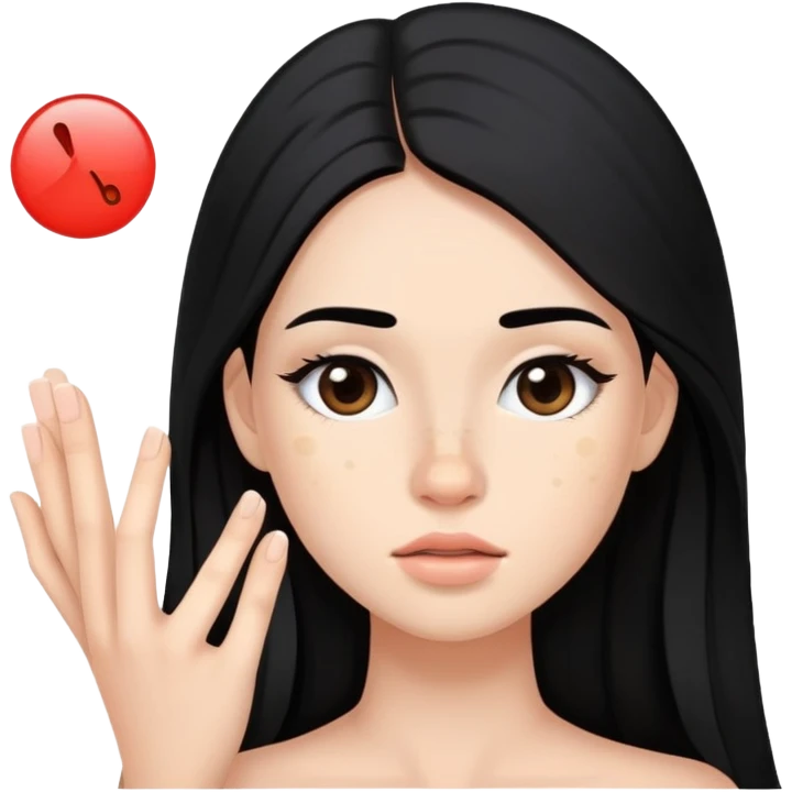 young woman with a pimple on her cheek, long black hair and natural makeup emoji