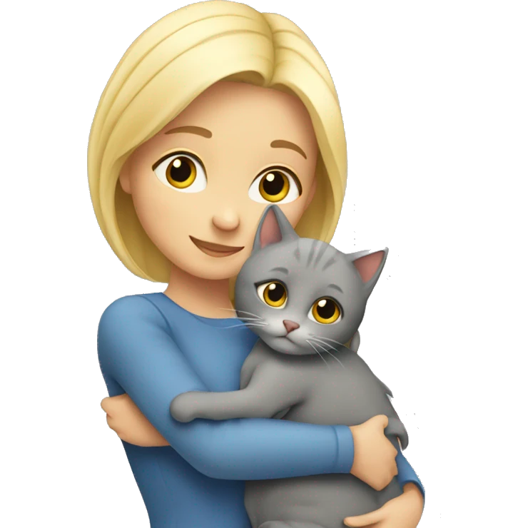 Blonde girl hugs her grey cat  emoji