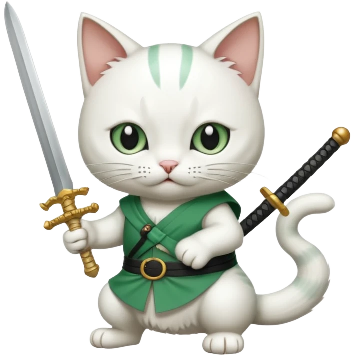 un gato blanco con reeferencia a rororoa zoro "una espada en cada mano y una en la boca" emoji