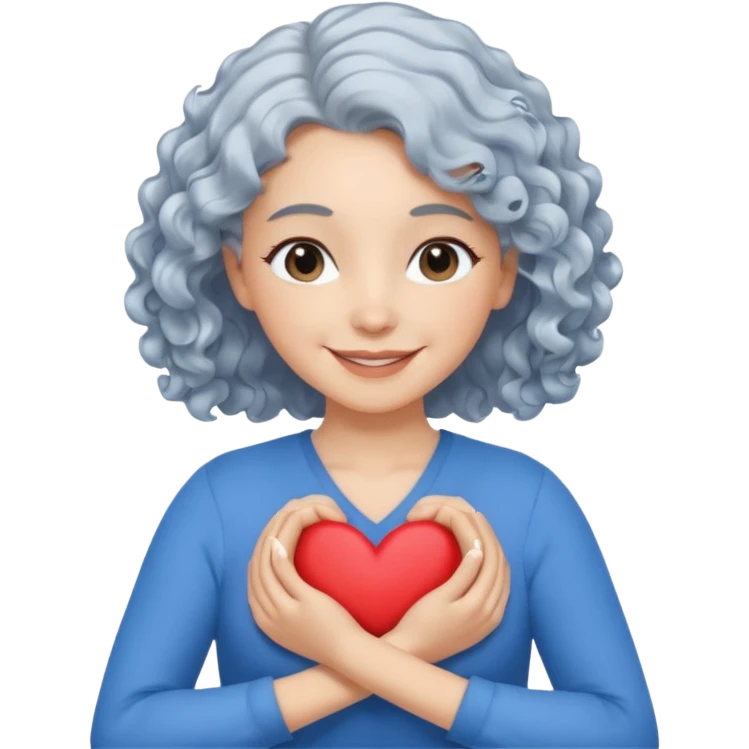 silver, wavy/curly hair chin-length lady giving hug with 2 arms, blue v-neck and smilingm add a heart emoji