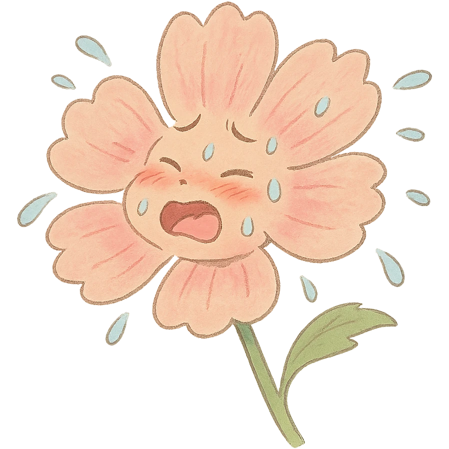 soft peach cosmos flower with a flushed, panting face doing exercise, sweat flying off in exaggerated style, gentle pastel palette, soft Ghibli style emoji