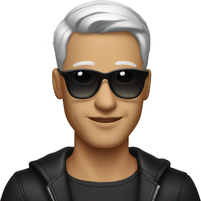 Portrait of stylish man, sliver under-cut hair style, wearing rounded ear-rings, wearing black sunglasses emoji