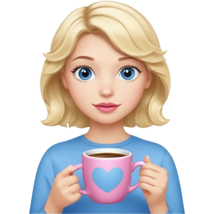 Girl Blonde short wavy hair,  blue eyes, cute blue top, long lashes, pink lips, holding white hot coffee mug emoji