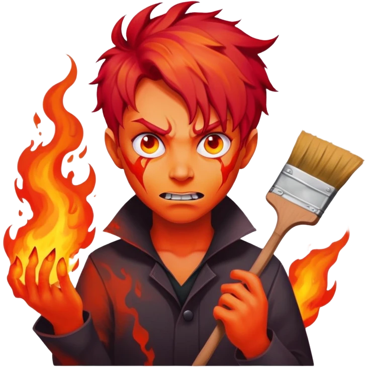 demon artist with wild fiery hair painting chaotic art in hellscape emoji