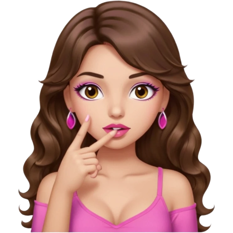girl with long wavy brown hair, brown eyes, light to medium complexion, in a pink sexy top, pink lips, long lashes, shushing with one finger on the lips emoji