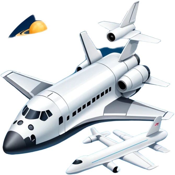 An icon featuring a space shuttle, a drone, and an airplane, symbolizing aerospace technology. The design includes rockets, flight paths, and satellites, representing space exploration and aviation. Transparent background highlights the cutting-edge technologies in air and space travel emoji