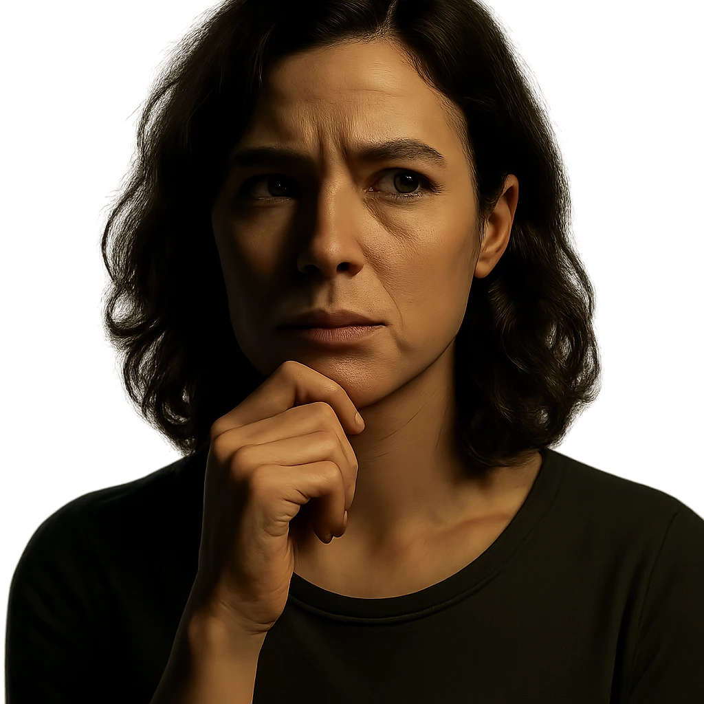 Centered portrait of the same woman with a thoughtful expression, transparent background, in the style of a Netflix series poster, cinematic and dramatic lighting, realistic and detailed. emoji