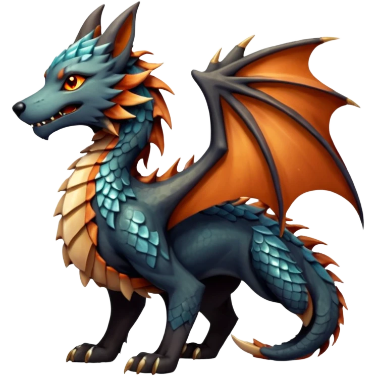 Majestic wolf-like dragon with red sandstone scales and layered plates resembling canyon rock formations. Crystallized mineral mane with copper and gold hues runs down its neck and back. Obsidian claws, amber eyes, and a tail of stone spires. Pokémon style. emoji
