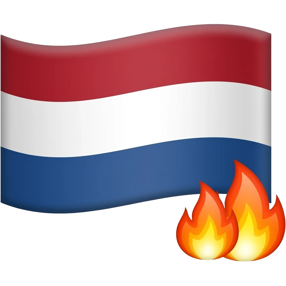 dutch flag  with two small fire emjoies next to each other overlaping, one fire emojy bigger than the other on top of the flag in the right bottom corner emoji