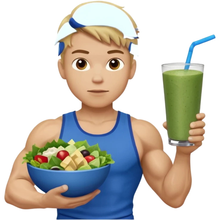 A young male person with a muscular, well-defined build. He has short dark blonde hair, a light skin tone, and a neutral facial expression. He wears blue cloth. He is holding a salad in one hand and a protein shake in the other. emoji