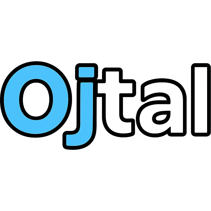 Refine and modernize the text logo with the word 'Ojtial' in light blue and white. Use a clean, bold, and professional style. Remove the word 'solutions'. Add subtle geometric or creative touches to make it stand out as a tech brand logo. emoji
