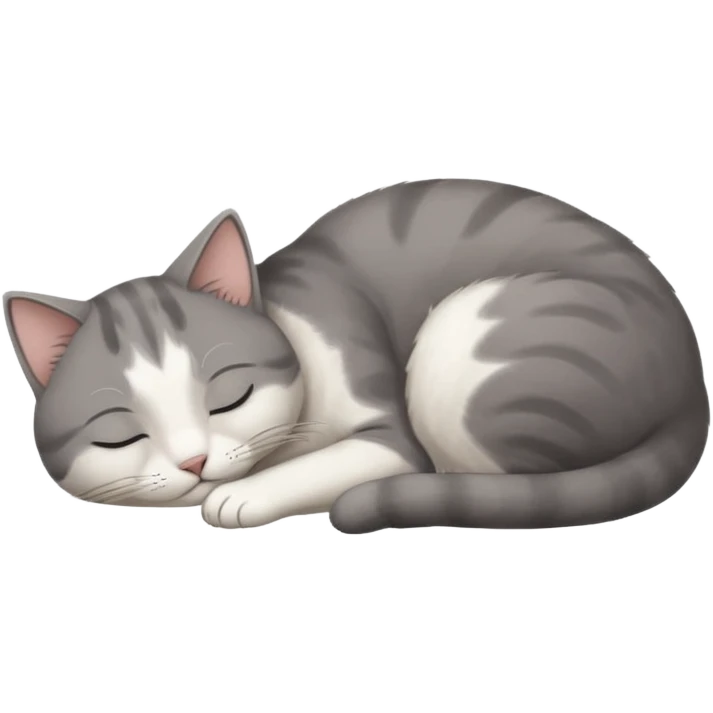 dark grey and white small cat with his eyes closed, leaning his head on his paw while leaning on his elbow lying down emoji