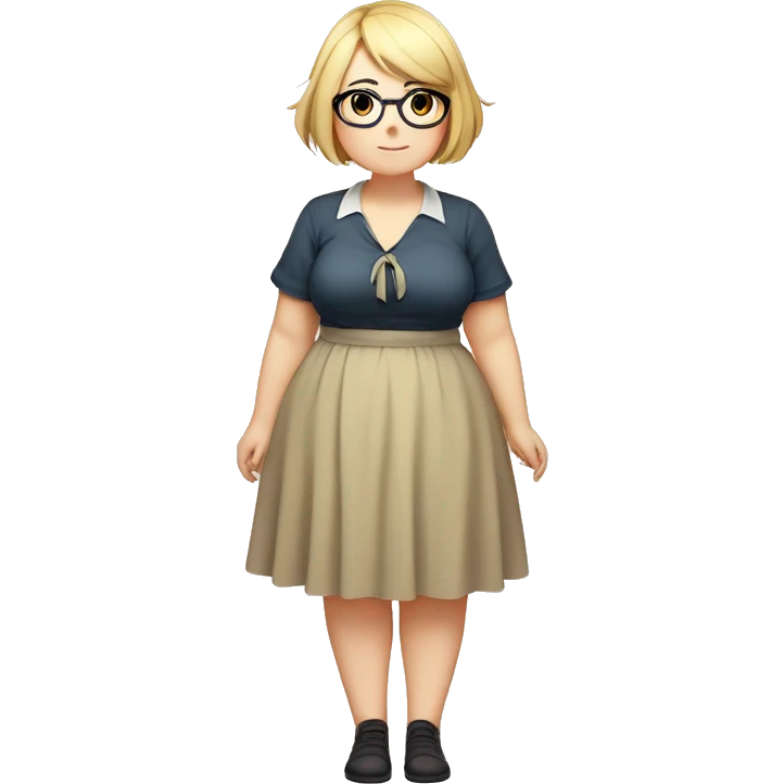 Chubby anime girl with glasses and short blond hair, full body wearing cute dress emoji