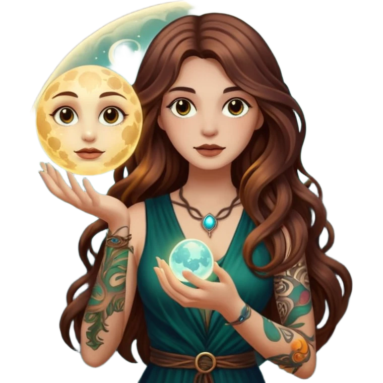 forest mystic woman long wavy brown hair tattoos holding glowing moon orb emoji
