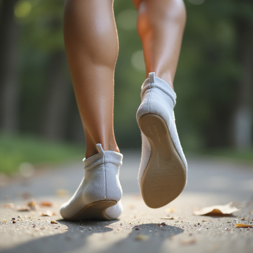 realistic 4K woman walking outdoors with orthotic insole, initially walking briskly and smiling, then slowing down and stopping with a discomforted expression emoji