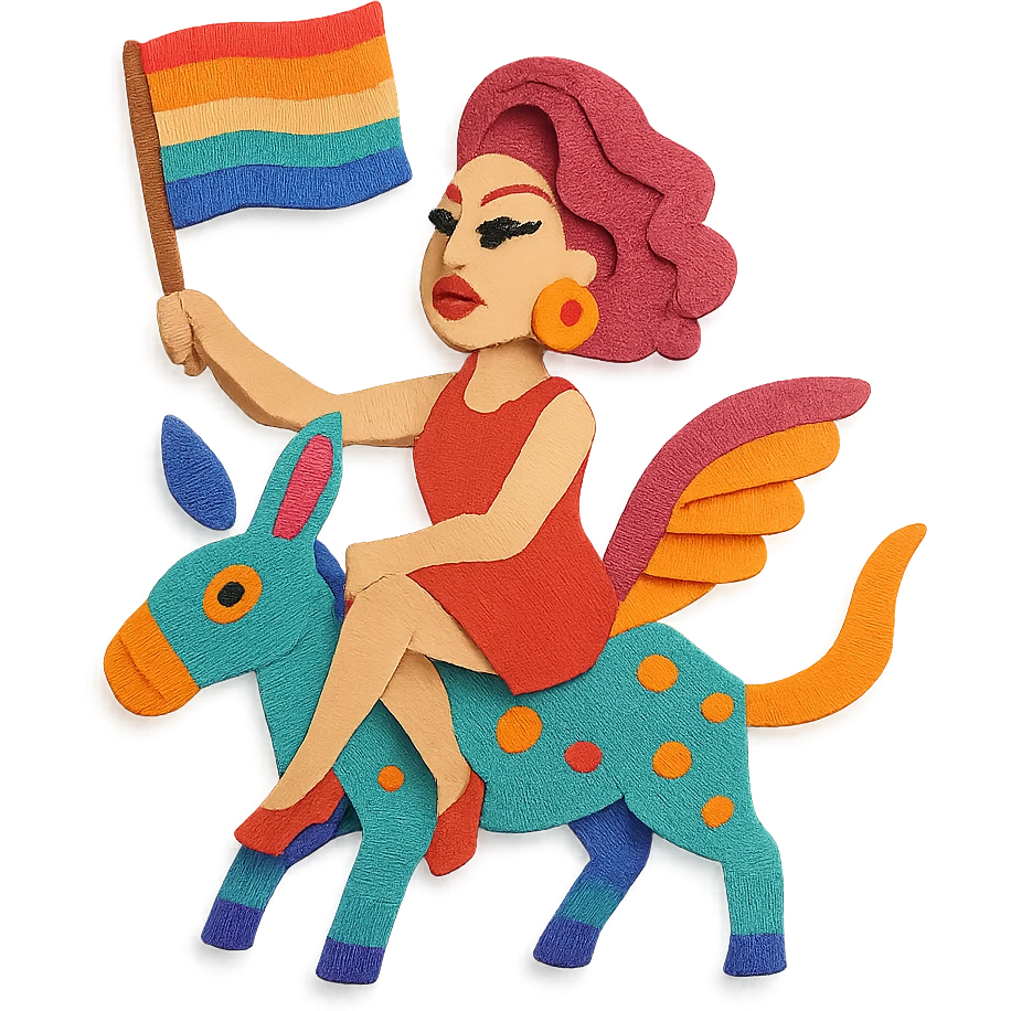 drag queen on an alebrije, holding an LGBTQ flag, in a paper craft style with textured paper elements emoji