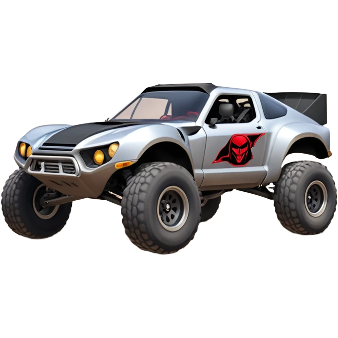 Satan’s and Vader (post race) Cabernet Dirty and dented Local Motors Rally Fighter off road race car hot rod trophy truck-style flying on a dusty road (silver wheels) emoji