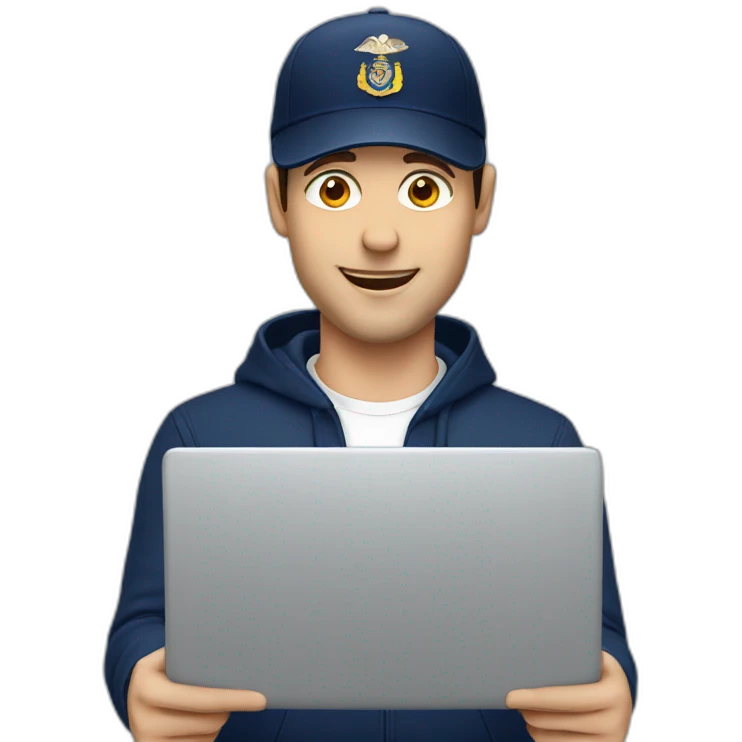 european guy wearing navy cap using laptop emoji