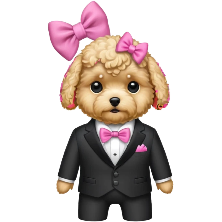 Golden maltipoo dog with pink bow k bow that is very poise make it have a suit on emoji
