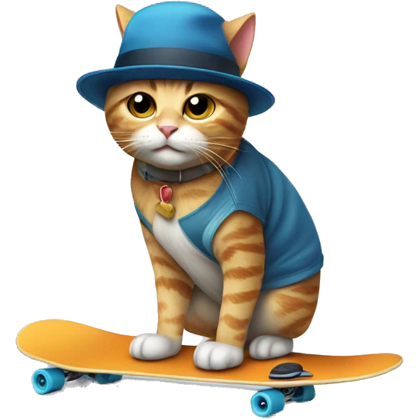 cat riding skate board with a hat emoji