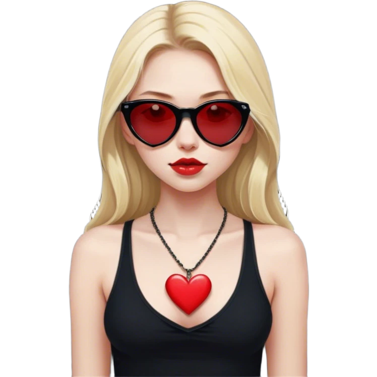 Blonde girl with pale skin and long hair with black cat eye sunglasses in black tank top wearing a thin red heart necklace  emoji
