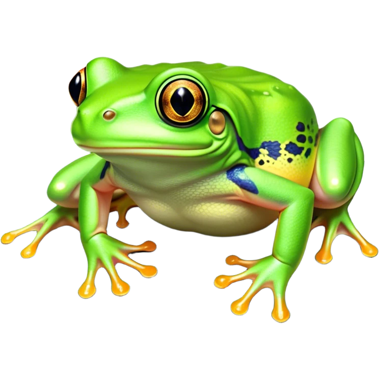 Cinematic Noble Green Tree Frog Portrait Emoji, Poised and alert, with a compact, vibrant body clad in bright, glossy green skin accented by delicate, sticky toe pads and large, bulging, observant eyes, Simplified yet sharp and sophisticated features, highly detailed, glowing with a soft, verdant luminescence, high shine, intelligent and sprightly, stylized with an air of tropical elegance, focused and attentive, soft glowing outline, capturing the essence of a watchful and confident amphibian that appears ready to leap out of the screen with effortless agility! emoji