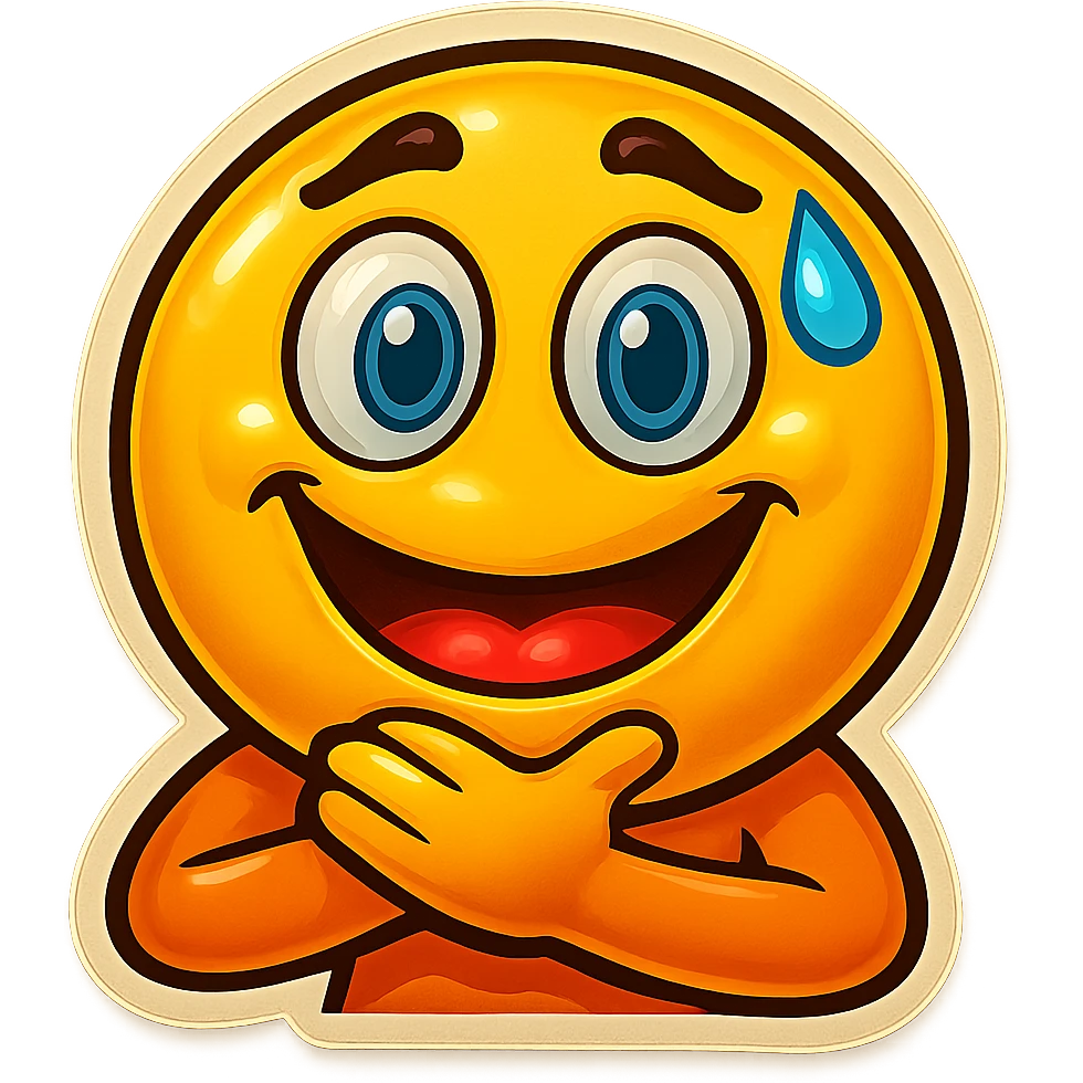 Make the emoji smile while choking itself, keep the same retro stickers style, no background. emoji