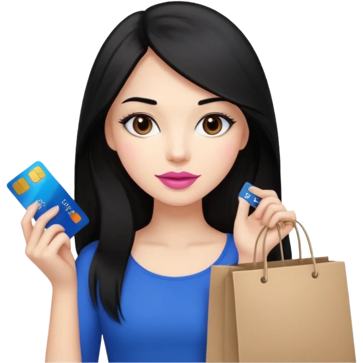 Girl with long black hair, pink lipstick, brown eyes holding shopping bags and blue credit card emoji